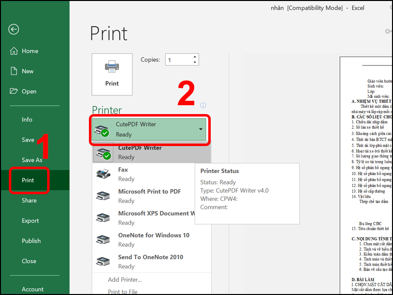 Nhấn vào Print và chọn CutePDF Writer Nhấn vào Print và chọn CutePDF Writer