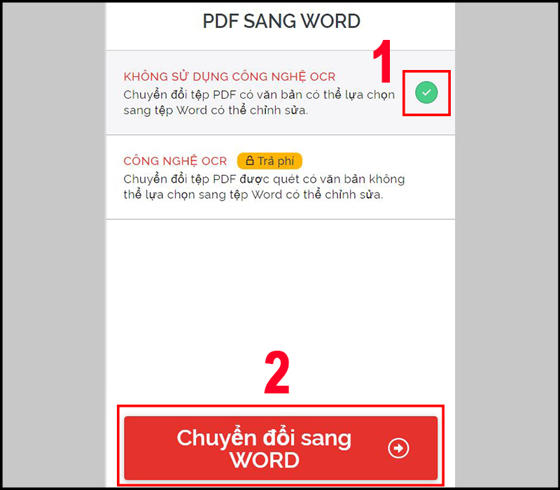 Cài đặt chuyển đổi và nhấn Chuyển đổi sang WORD Cài đặt chuyển đổi và nhấn Chuyển đổi sang WORD
