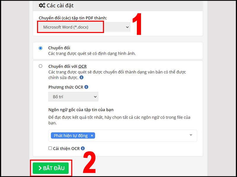 Cài đặt chuyển đổi và nhấn Bắt đầu Cài đặt chuyển đổi và nhấn Bắt đầu