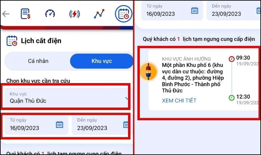 Bí kíp tra cứu lịch cắt điện toàn quốc: Không bao giờ bị động! Chọn dữ liệu vào ô Khu vực và thời gian cần tìm