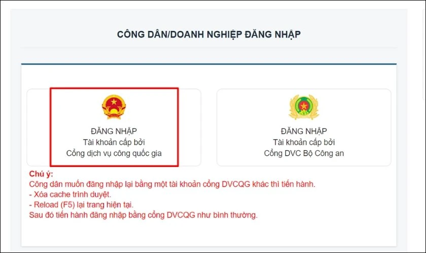 Không cần đi lại! Đăng ký tạm trú online ngay và luôn. Chọn mục Tài khoản cấp bởi Cổng dịch vụ công quốc gia