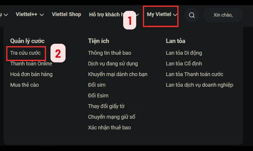 chọn mục My Viettel và sau đó chọn Tra cứu cước