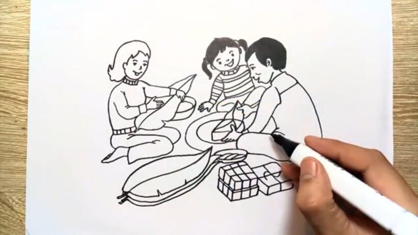 Tranh tô màu gói bánh chưng ngày tết