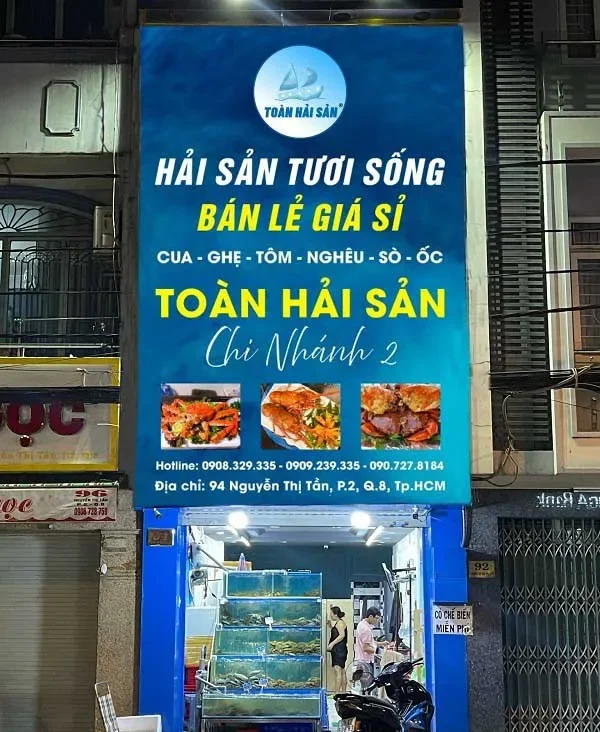 Biển Quảng Cáo Hải Sản Alu Xanh Dương In UV bien quang cao hai san 24 e1740970840949